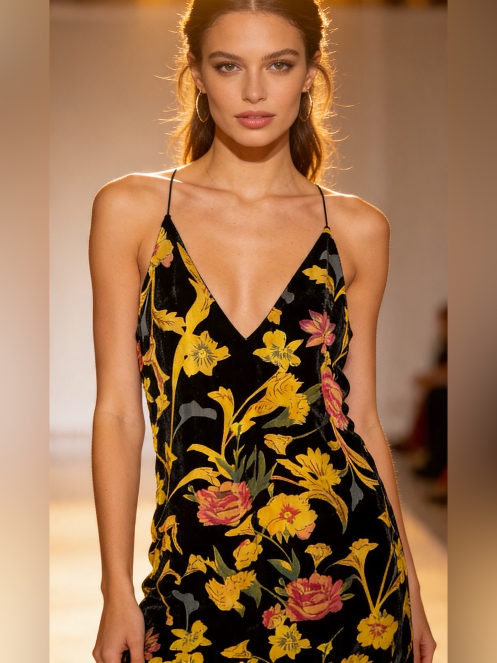ASTR The Label Black Floral Velvet Slip Dress with Lace Trim